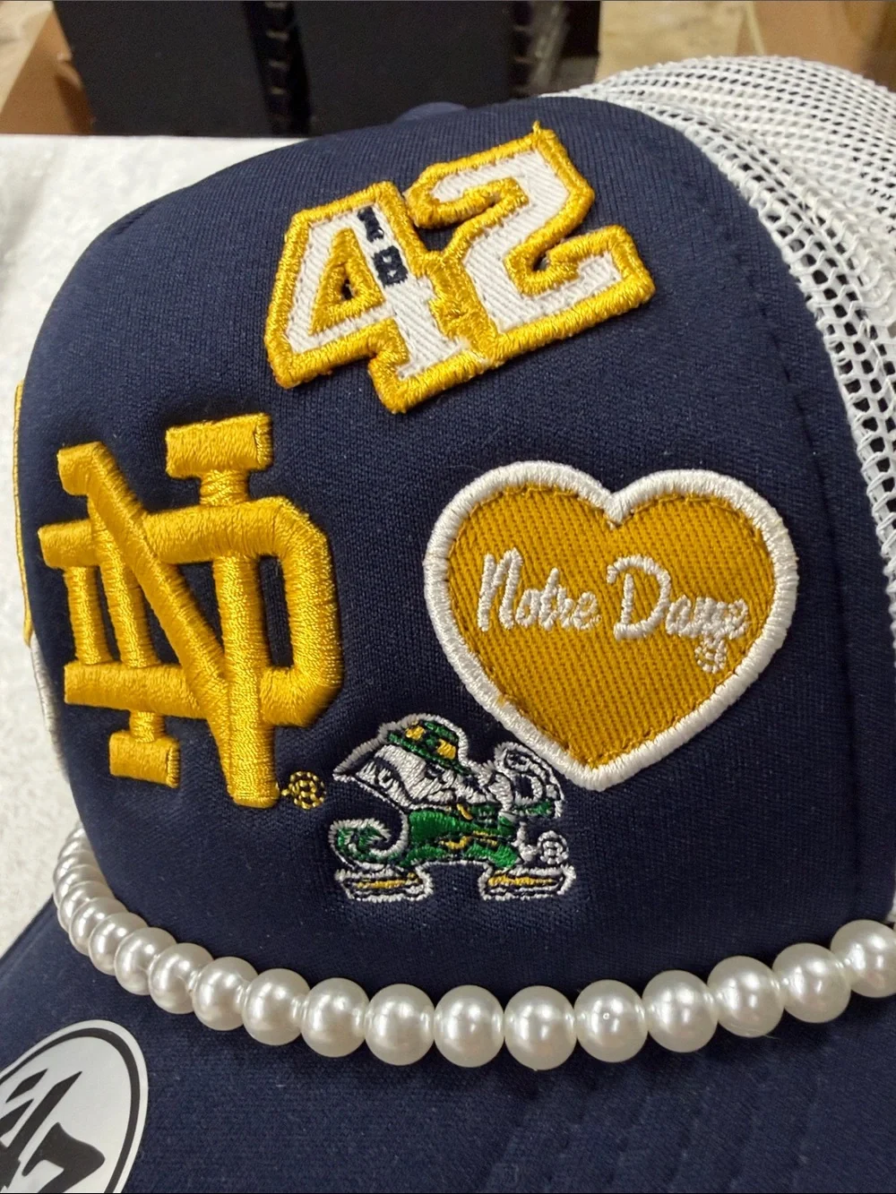 ’47 Navy Notre Dame Patch Trucker Hat with Pearls